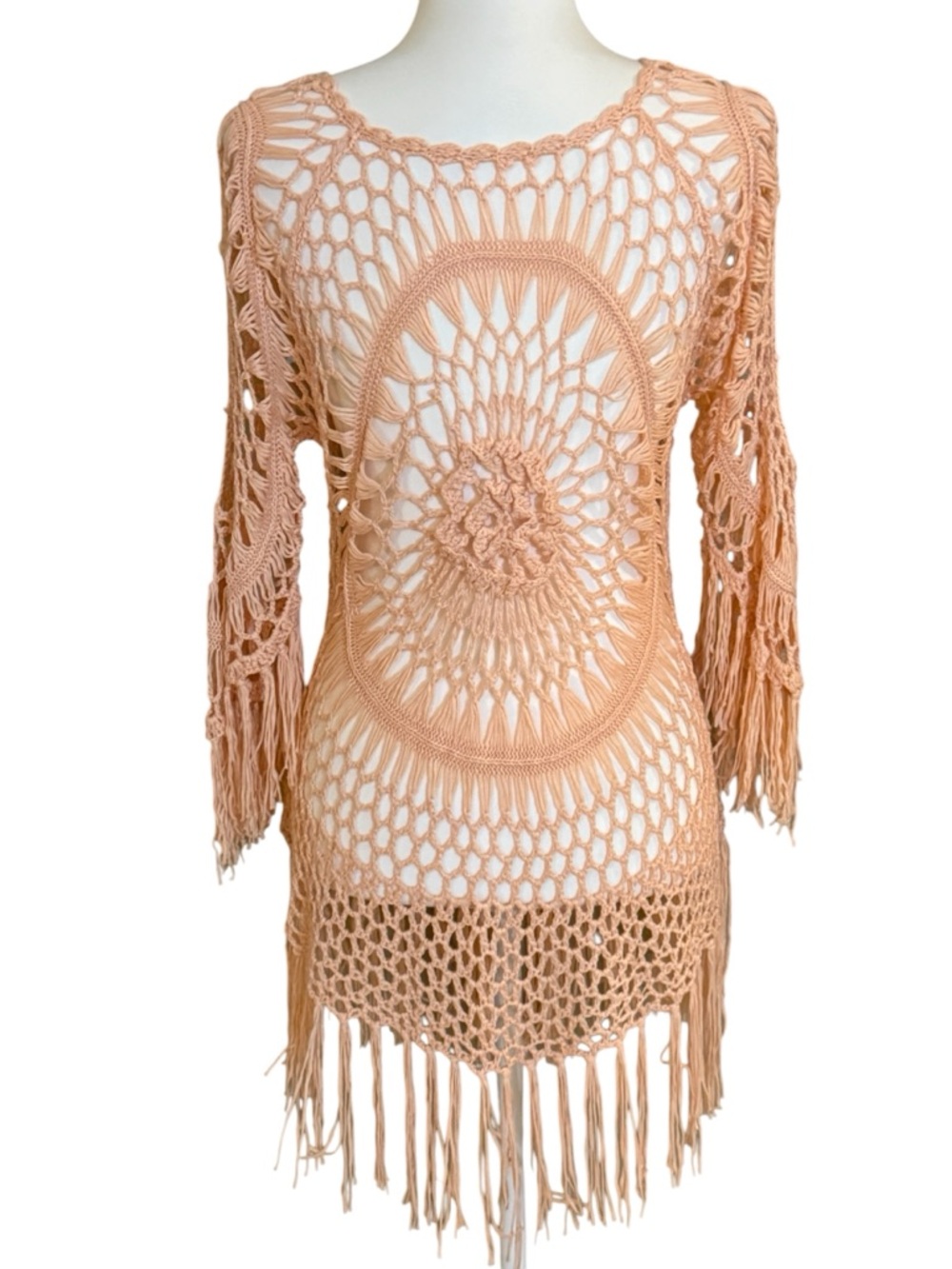 Cupshe Peach Crochet Fringe Swimsuit festival coverup - Picture 2 of 8